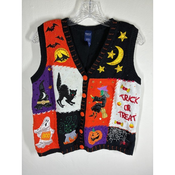 Vintage Sweaters - Vintage Halloween Sweater Vest Medium Black Orange Patchwork Beaded Witch